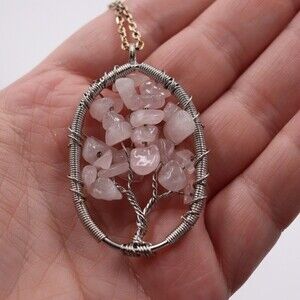 Tree of Life Pink Stone Pendant Necklace Handmade Bohemian Beaded  Jewelry
